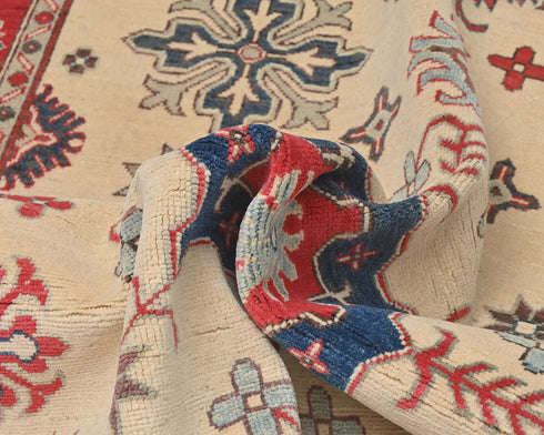 5x7 Beige Kuba Afghan Hand Knotted Wool Area Rug